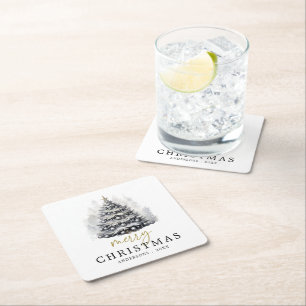 Dessous-de-verre Carré En Papier Nom personnalisé moderne Arbre de Noël noir et bla