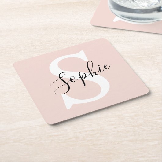 Dessous-de-verre Carré En Papier Nom personnalisé moderne Monogram Pastel Rose (Incliné)