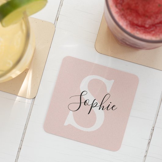Dessous-de-verre Carré En Papier Nom personnalisé moderne Monogram Pastel Rose