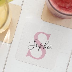 Dessous-de-verre Carré En Papier Nom personnalisé moderne Monogramme rose