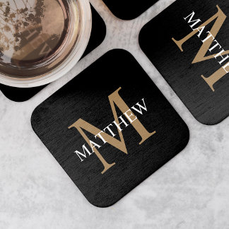 Dessous-de-verre Carré En Papier Nom personnalisé Monogramme noir
