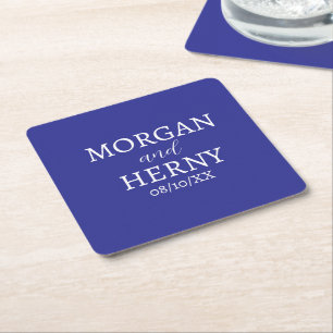 DESSOUS-DE-VERRE CARRÉ EN PAPIER NOM PERSONNALISÉ STYLE MODERNE MARIAGE BLEU FONCÉ