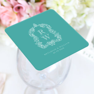 Dessous-de-verre Carré En Papier Noms de crête de monogramme vintage turquoise Mari