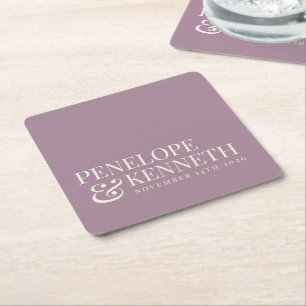 Dessous-de-verre Carré En Papier Noms de mariage personnalisés violet poussiéreux é
