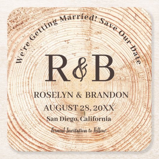 Dessous-de-verre Carré En Papier Noms des monogrammes de bois rustique Enregistrer (Devant)