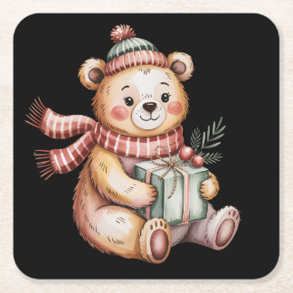 Dessous-de-verre Carré En Papier Nounours d'ours en peluche de Noël tenant un cadea