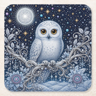 Dessous-de-verre Carré En Papier Nuit de cristal avec chouette magique enneigée