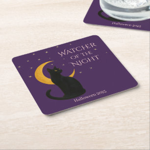 Dessous-de-verre Carré En Papier Observateur de la nuit - Chat noir d'Halloween