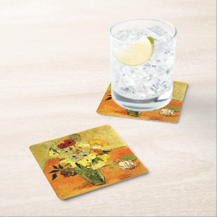 Dessous-de-verre Carré En Papier Œuvre de Van Gogh, Vase japonais avec Roses,