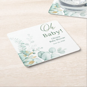Dessous-de-verre Carré En Papier Oh Baby Eucalyptus Végétal Doré Baby Shower 