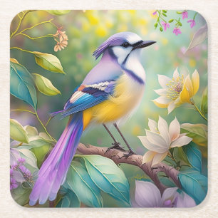 Dessous-de-verre Carré En Papier Oiseau de fantaisie Geai Violet Touffeté