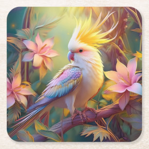 Dessous-de-verre Carré En Papier Oiseau de fantaisie Perruche à aile iridescente