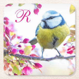 Dessous-de-verre Carré En Papier Oiseau et fleurs roses Monogramme