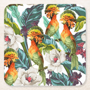 Dessous-de-verre Carré En Papier Oiseau et motif de fleur exotique 2
