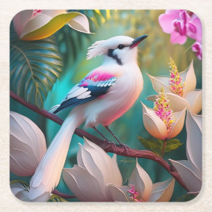 Dessous-de-verre Carré En Papier Oiseau Fantastique à Crête Blanche et Poitrine Ros