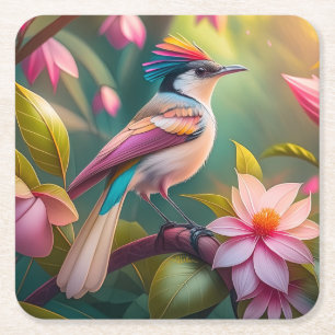 Dessous-de-verre Carré En Papier Oiseau fantastique Geai à crête arc-en-ciel