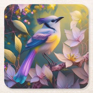 Dessous-de-verre Carré En Papier Oiseau Fantastique Violet à Tufté et Poitrine Jaun