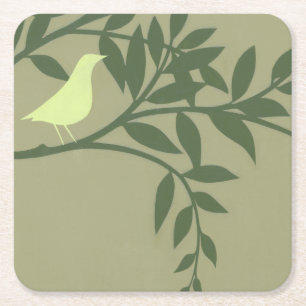 Dessous-de-verre Carré En Papier Oiseau vert été perché sur la branche verte