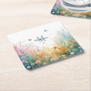 Dessous-de-verre Carré En Papier Oiseaux aquarelle de printemps Monogramme floral F