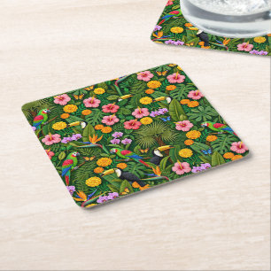 Dessous-de-verre Carré En Papier Oiseaux de jungle colorés gais fleurs tropicales