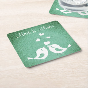 Dessous-de-verre Carré En Papier Oiseaux de l'amour élégant vert personnalisé