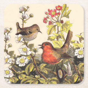 Dessous-de-verre Carré En Papier Oiseaux de printemps Robin Oiseaux rouges