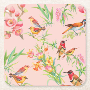 Dessous-de-verre Carré En Papier Oiseaux exotiques : Vintage Floral Sans Seamless.
