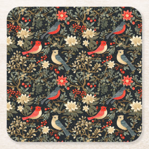 Dessous-de-verre Carré En Papier Oiseaux Festifs Élégants & Fleurs de Noël Rouge