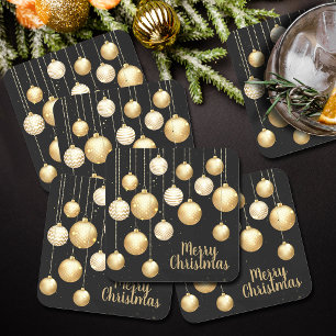 Dessous-de-verre Carré En Papier Or Baubles ornements de Noël sur noir