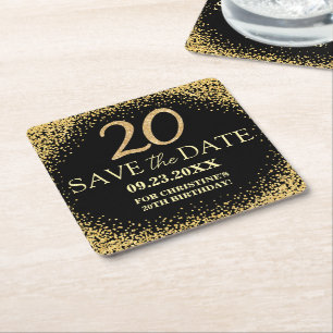 Dessous-de-verre Carré En Papier Or noir pailleté 20e anniversaire Enregistrez la d