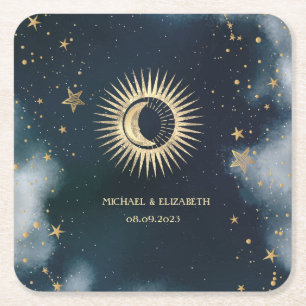Dessous-de-verre Carré En Papier Or Soleil Céleste Lune,Étoiles Ciel Nocturne