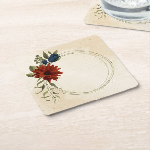 Dessous-de-verre Carré En Papier orange brûlé et fleurs bleu marine