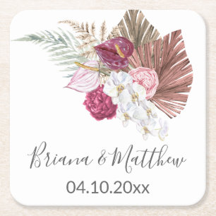Dessous-de-verre Carré En Papier Orchidées blanches séchées Fleur de mariage burgun
