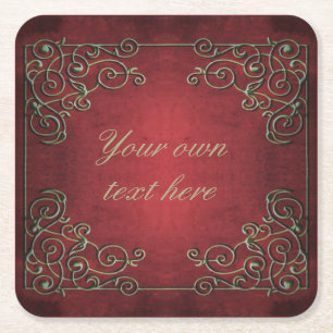 Dessous-de-verre Carré En Papier Ornement Antique Rouge et Or Texte personnalisé