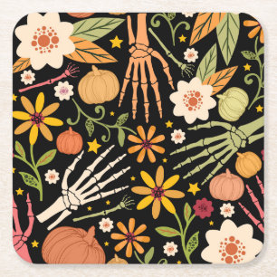 Dessous-de-verre Carré En Papier Os d'Halloween, motif floral sans couture.