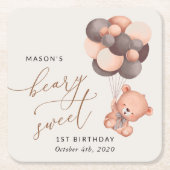 Dessous-de-verre Carré En Papier Ours, Ballons Brown, Premier Anniversaire (Devant)