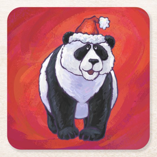 Dessous-de-verre Carré En Papier Ours de panda à Santa Hat sur Rouge (Devant)