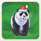 Dessous-de-verre Carré En Papier Ours de panda à Santa Hat sur Vert (Devant)