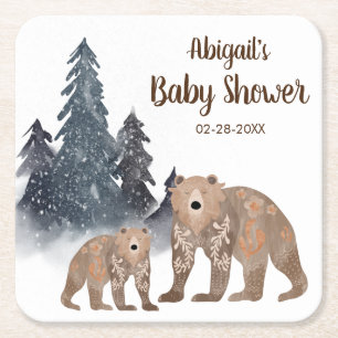Dessous-de-verre Carré En Papier Ours en forêt d'hiver Scandi Baby shower neutre