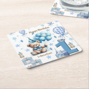 Dessous-de-verre Carré En Papier Ours en peluche bleu pour 1er anniversaire Coaster