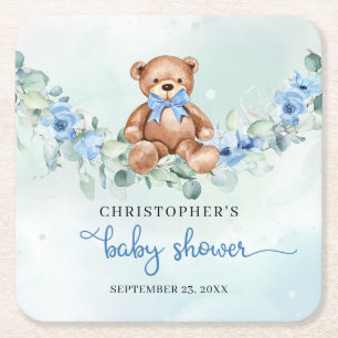Dessous-de-verre Carré En Papier Ours en peluche mignon fleurs bleues poussiéreuses