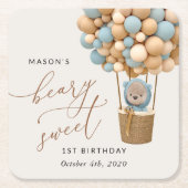 Dessous-de-verre Carré En Papier Ours mignon, Ballons Bleus, Premier Anniversaire (Devant)