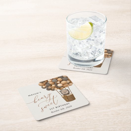 Dessous-de-verre Carré En Papier Ours mignon, Ballons Brown, Premier anniversaire (En situation)