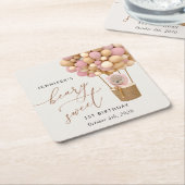 Dessous-de-verre Carré En Papier Ours mignon, Ballons roses, Premier Anniversaire (Incliné)