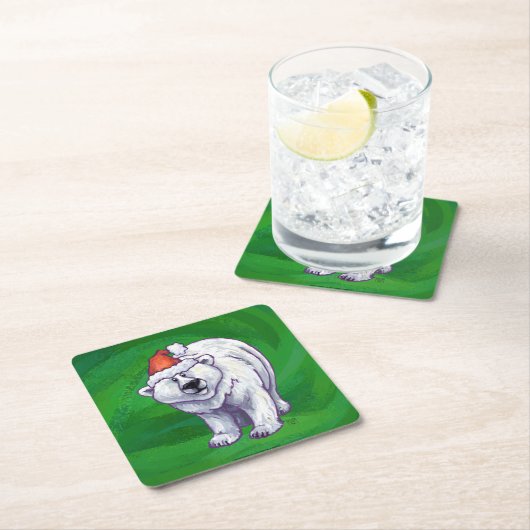 Dessous-de-verre Carré En Papier Ours polaire Noël sur vert (En situation)
