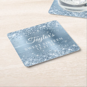 Dessous-de-verre Carré En Papier Paillettes Bleu Clair Anniversaire Seize Ans