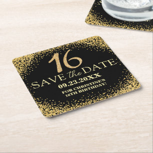 Dessous-de-verre Carré En Papier Paillettes d'Or Noir 16e Anniversaire Enregistrez