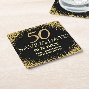 Dessous-de-verre Carré En Papier Paillettes d'Or Noir 50e Anniversaire Enregistrez