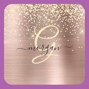 Dessous-de-verre Carré En Papier Paillettes dorées, monogramme doré, nom en script
