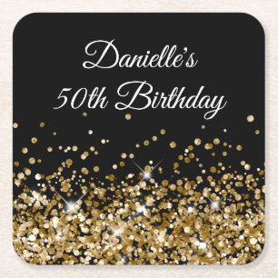 Dessous-de-verre Carré En Papier Paillettes dorées sur un 50e anniversaire noir